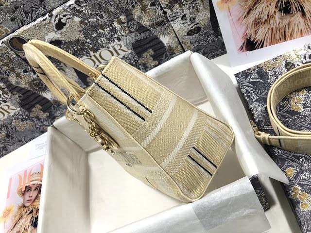 Dior女包 迪奧Lady D-Lite五格刺繡條紋杏色戴妃包 Dior手提肩背斜挎包  dfk1838